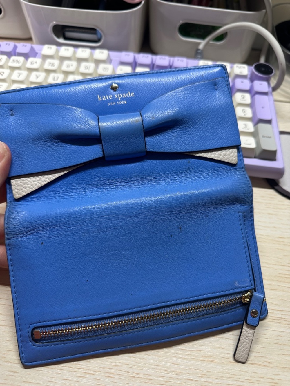 kate spade blue leather bow continental wallet with cream accent - Picture 2 of 6